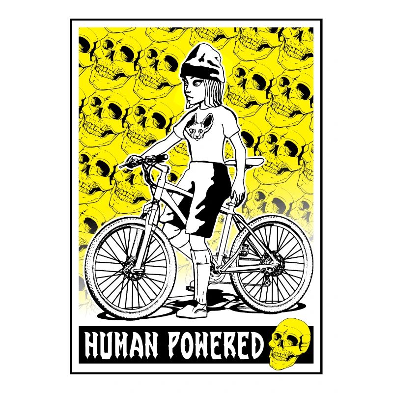 Shirt mit einer Comic-Radfahrerin und Totenköpfen.