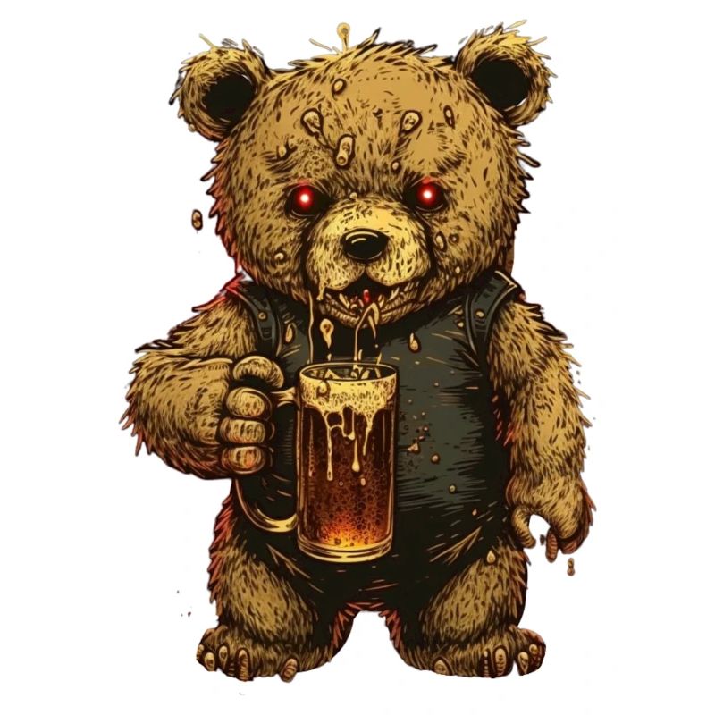 Horror Teddybär mit Bierglas und bösem Blick