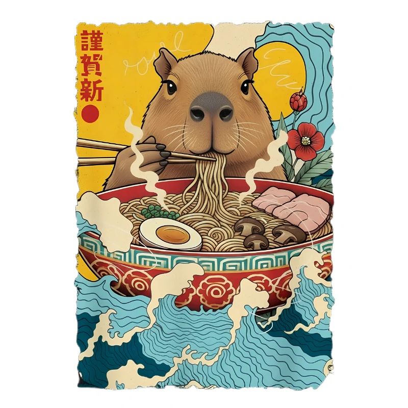 Capybara mange des nouilles ramen