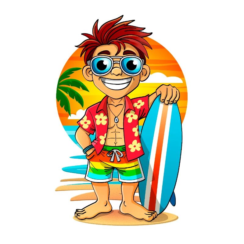 Surfeur joyeux avec une planche de surf sur la plage.