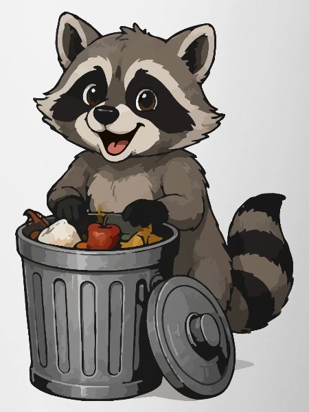 Raccoon with fruit in garbage can