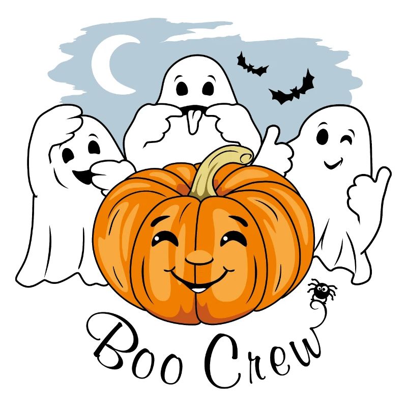 Three funny ghosts and Halloween pumpkin. Boo crew