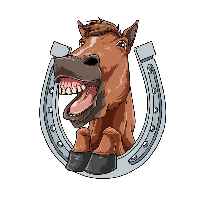 Horse laughs and shows teeth with horseshoe