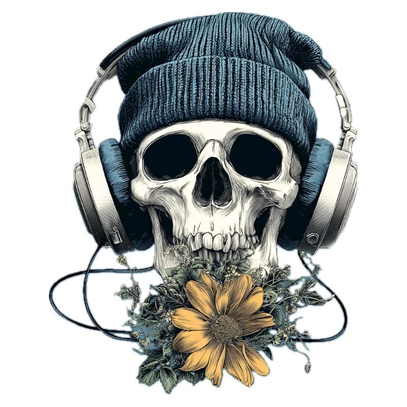 Crâne avec casque et fleurs