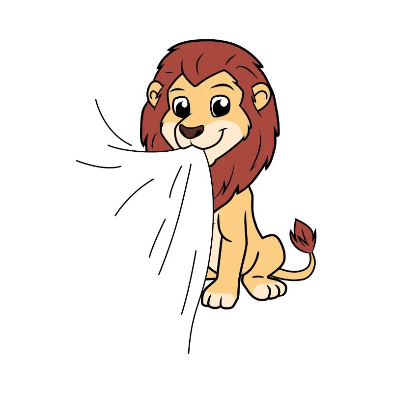 Lion eats fabric