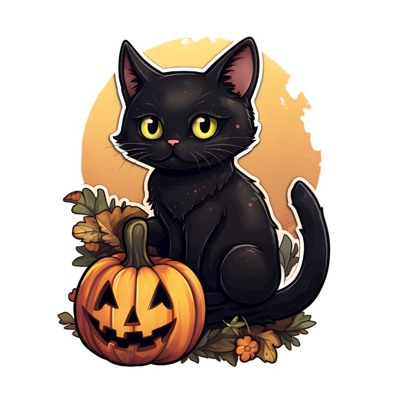 Halloween black cat in foliage with pumpkin