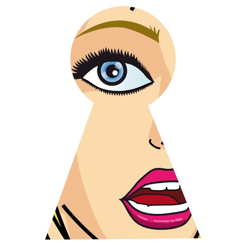 Femme regarde à travers le trou de la serrure, pop art comique