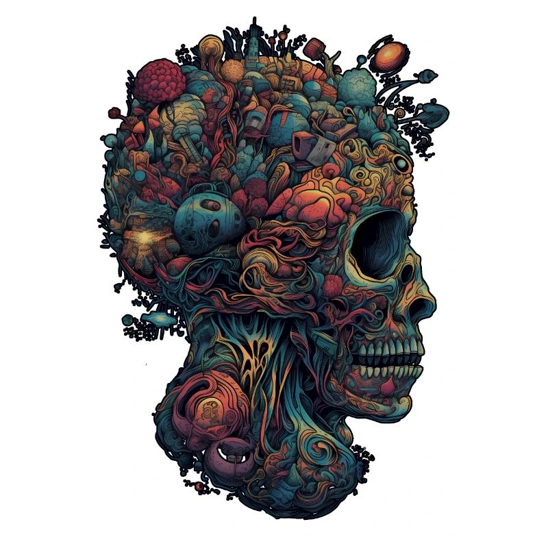 Surrealist, psychedelic trippy skull