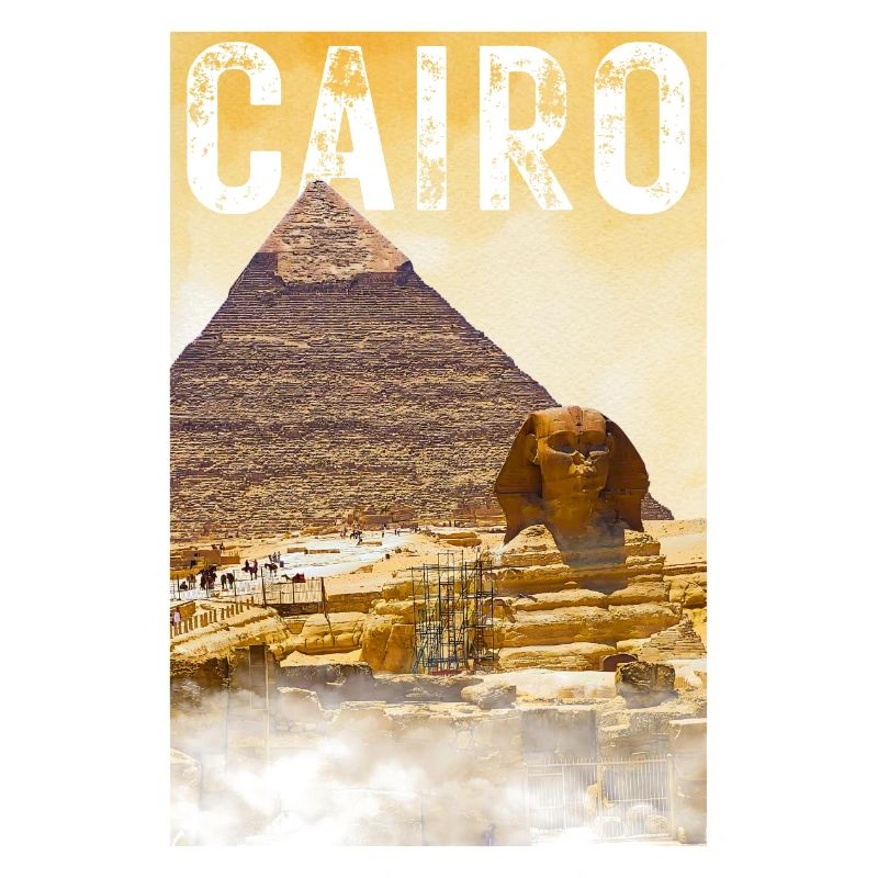 Affiche de voyage vintage du Caire avec pyramide et sphinx
