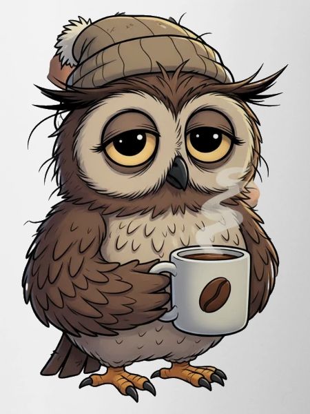 Verschlafene Eule Mit Kaffeetasse Cartoon