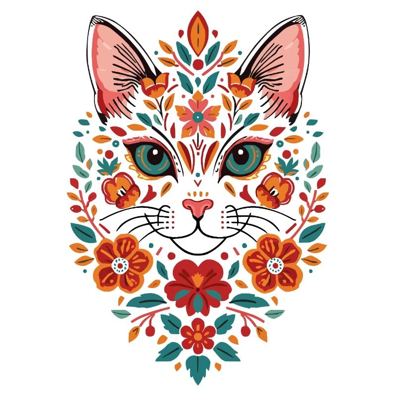 Flower Cat Head Folk Art Pattern