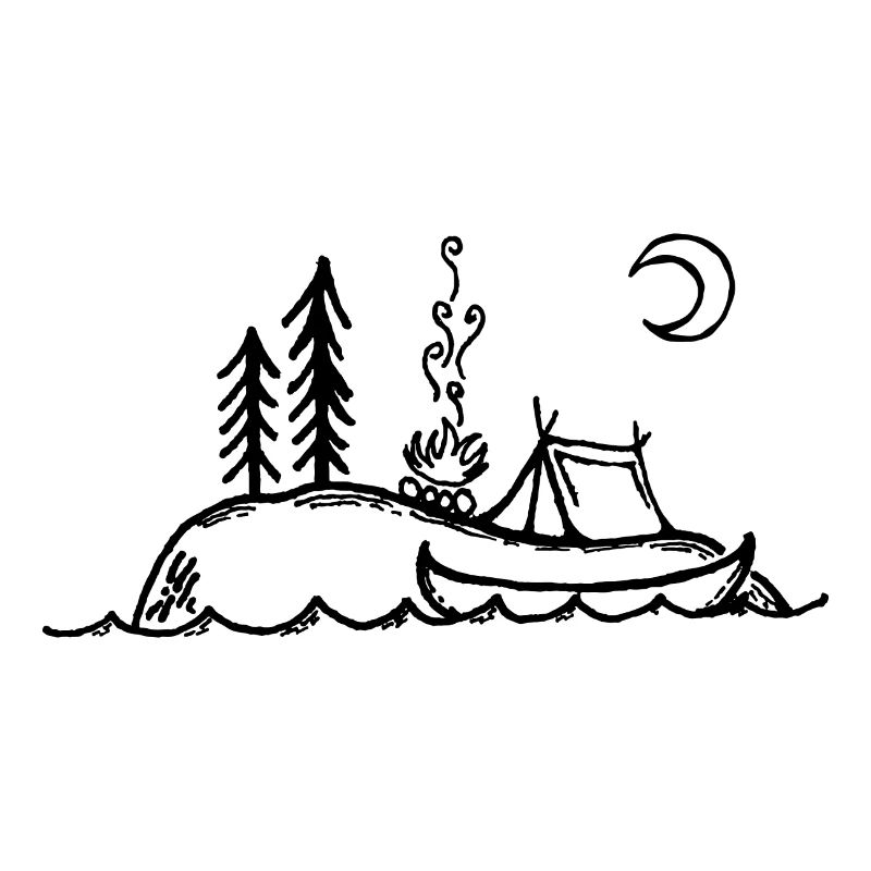 Île, feu de camp, camping et canoë
