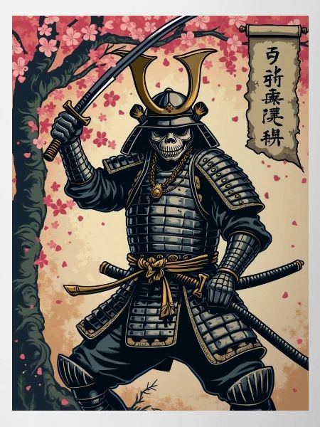 Skelett-Samurai im Kirschblütenwald