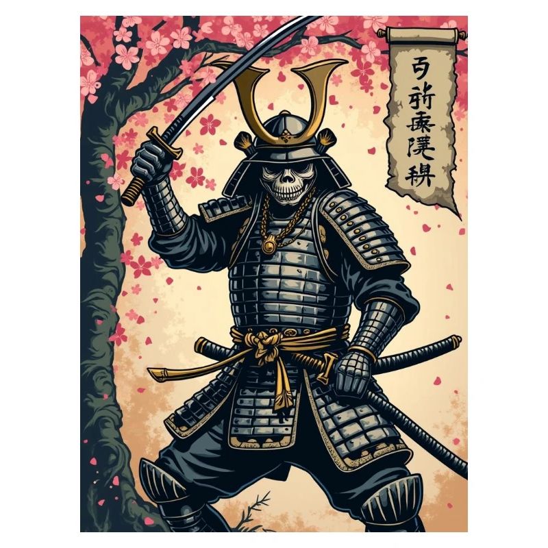 Samouraï squelette dans la forêt de cerisiers en fleurs