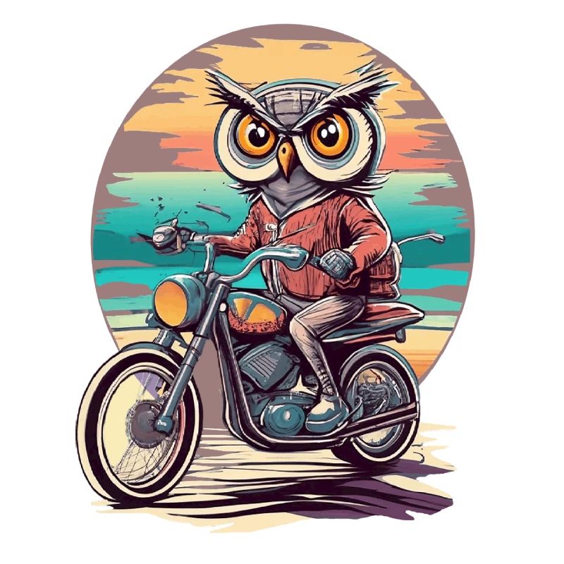 Retro Style Sunset Motorcycle Ride with a Wise Owl