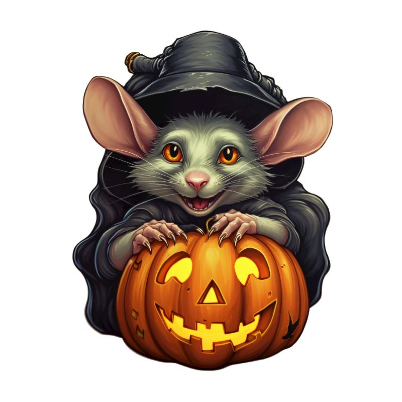 Halloween Rat with Witch Hat and Pumpkin