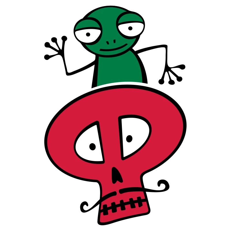 Frosch auf einem Schädel mit Schnurrbart