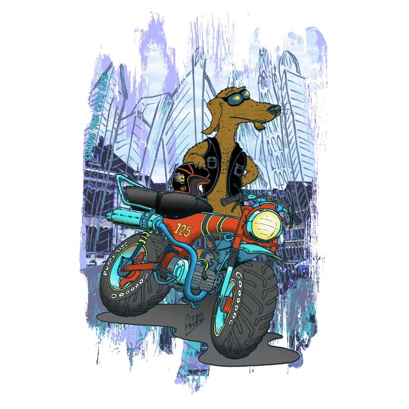Daxhond und sein Motorrad mit Hintergrund