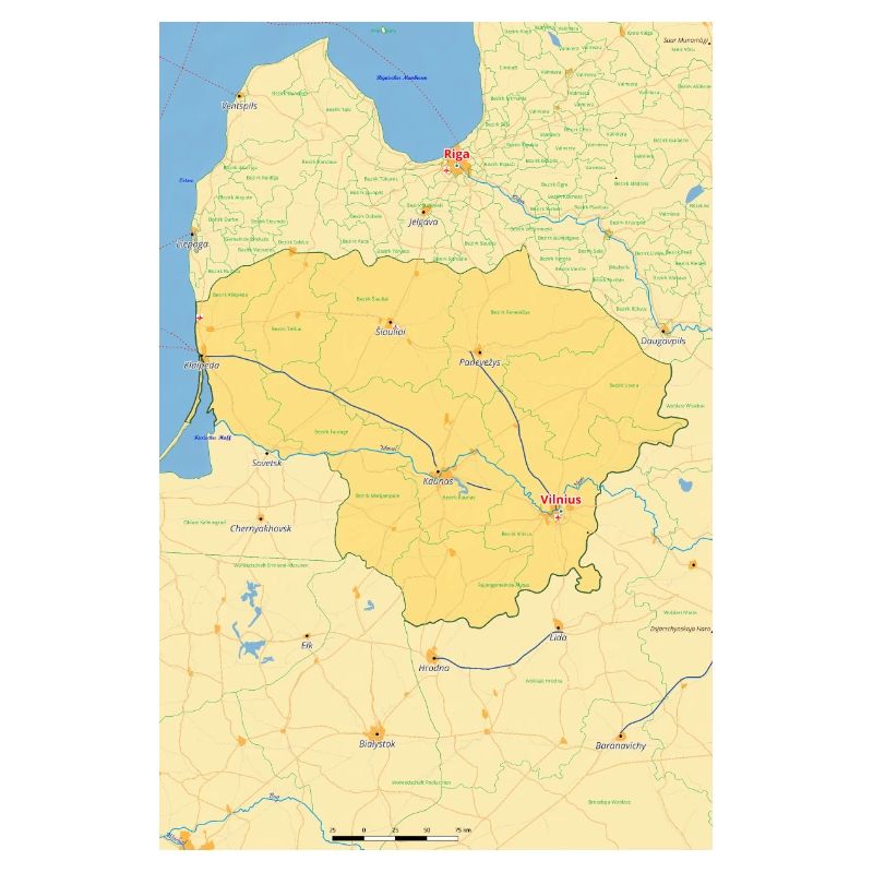 Lithuania map with cities, roads, rivers, lakes