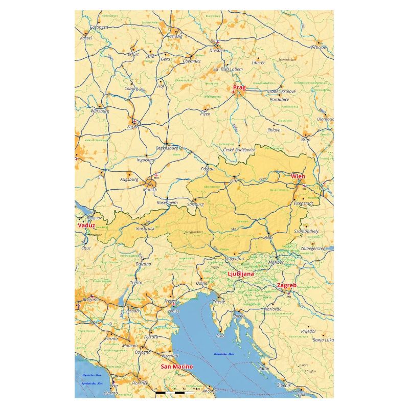 Austria map with cities, roads, rivers, lakes