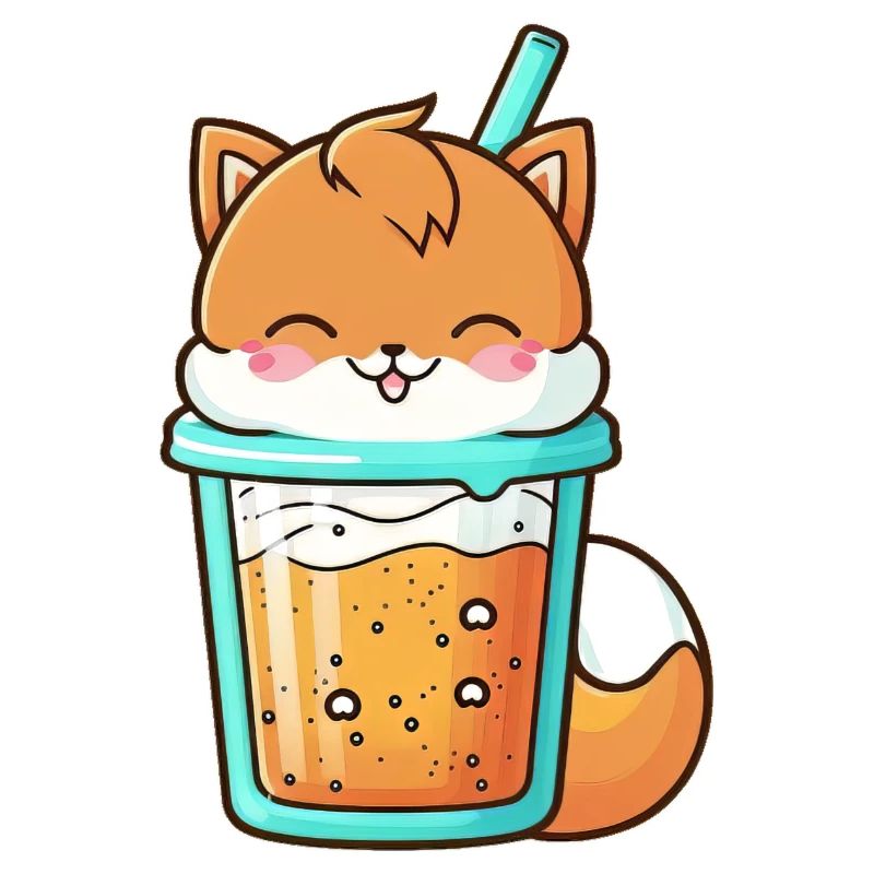 Kawaii Cute Happy Colorful Fox Drinking Bubble Tea