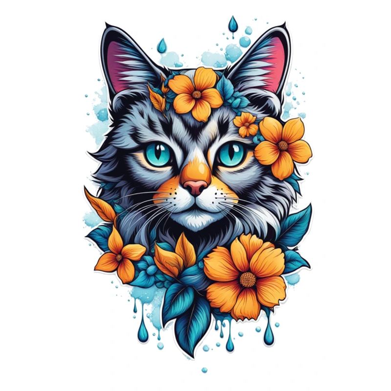chat et fleur aquarelle