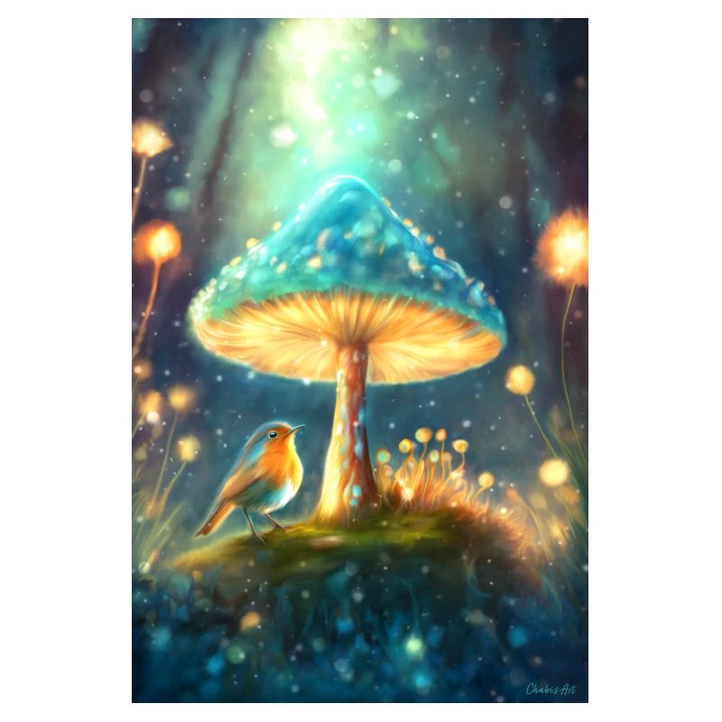 Magic robin under a toadstool