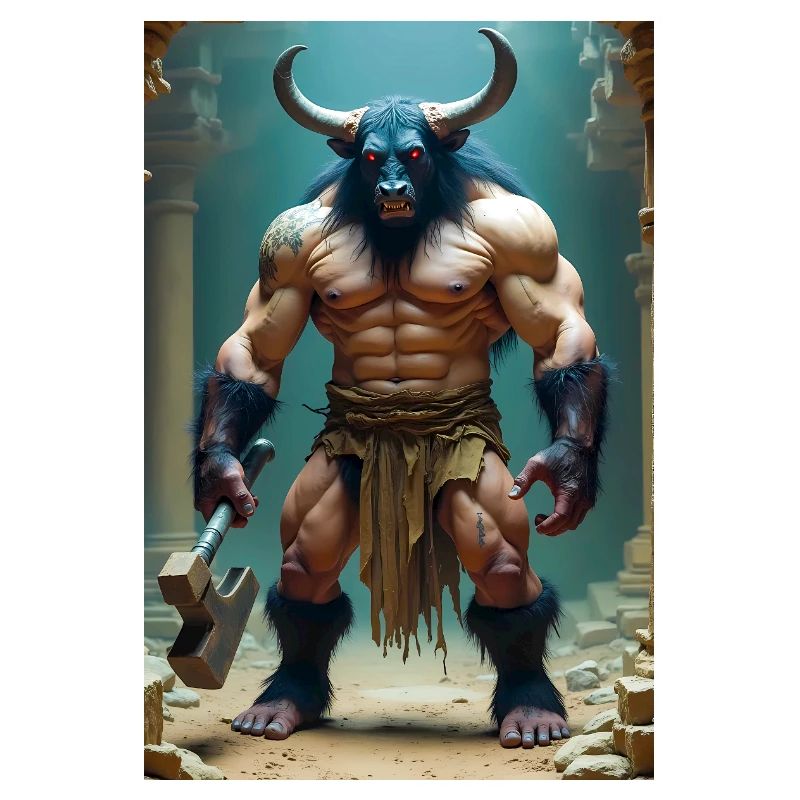 Minotaur, massive bull-headed warrior gripping axe