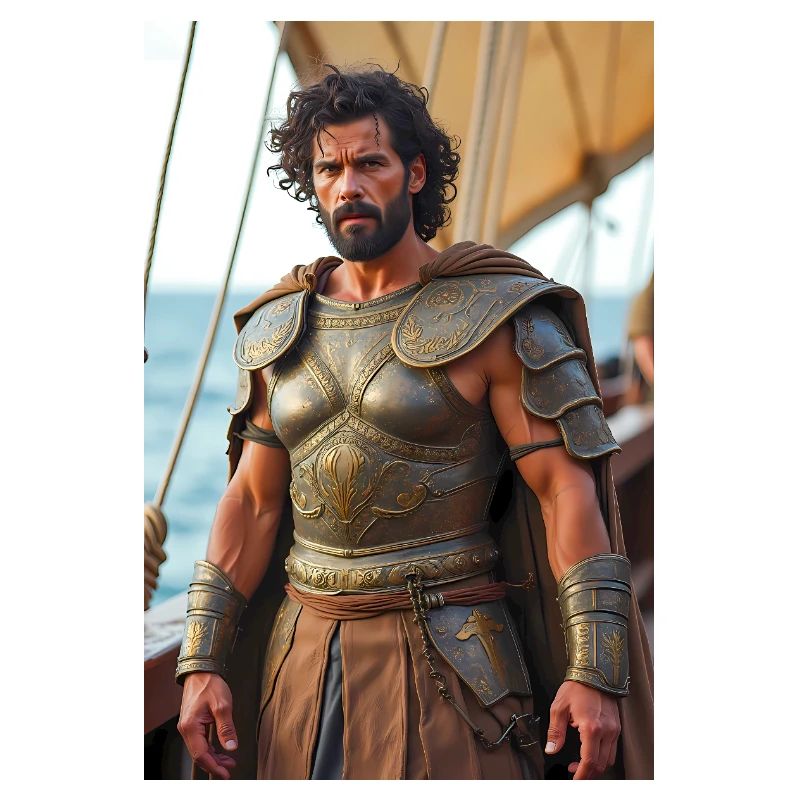 Odysseus, strong warrior at ship’s bow, cloak bill
