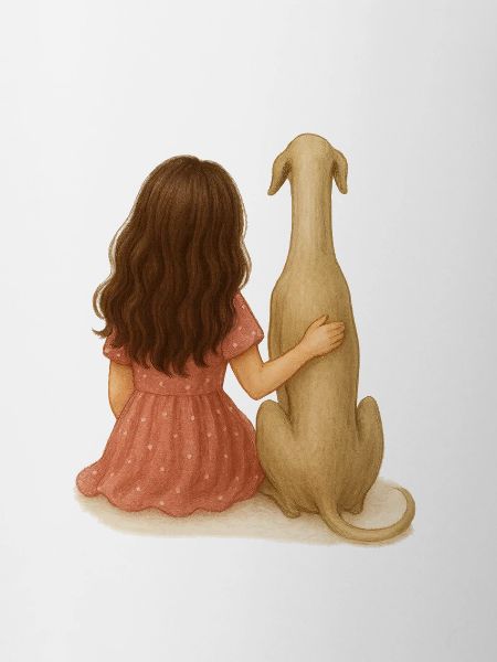 Kleines Mädchen mit Windhund – Aquarell