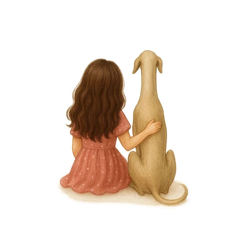 Kleines Mädchen mit Windhund – Aquarell