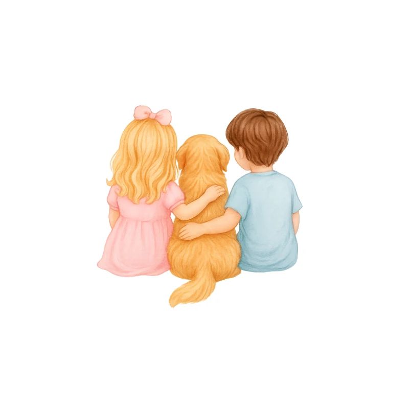 Zwei Kinder mit Golden Retriever –Junge Mädchen