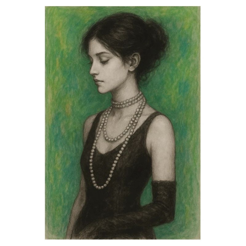 femme collier perles vert élégante omikly pop art