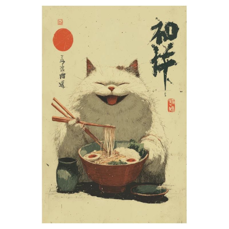 Glückliche weiße Katze schlürft Ramen
