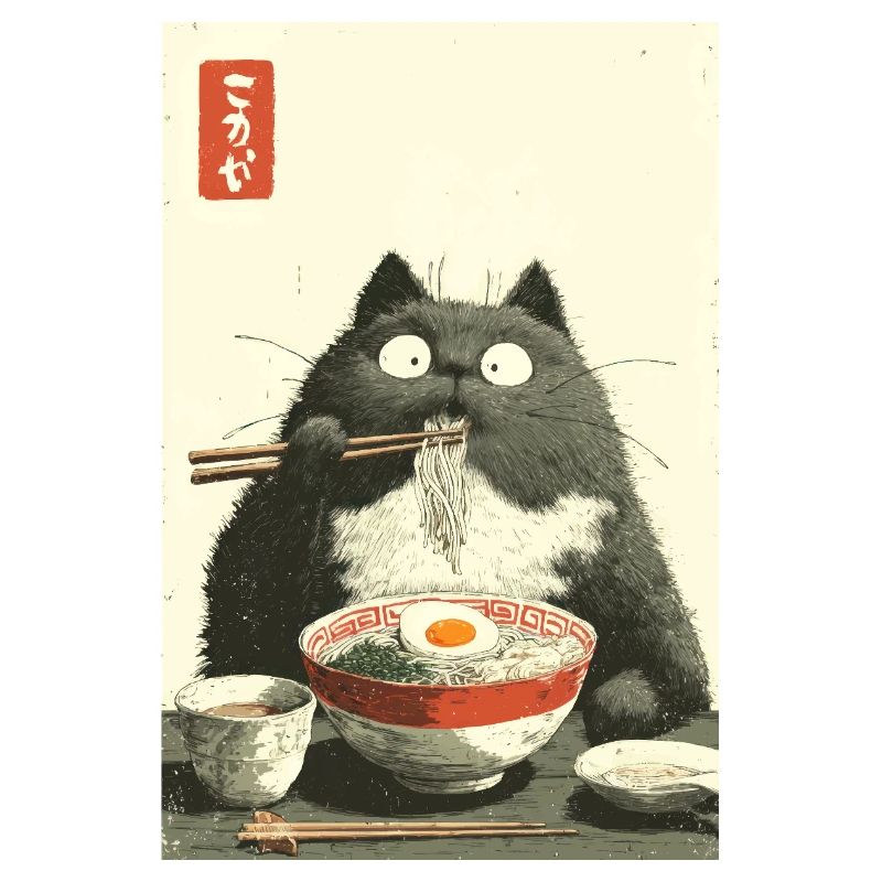 Katze mit großen Augen, die Ramen schlürft