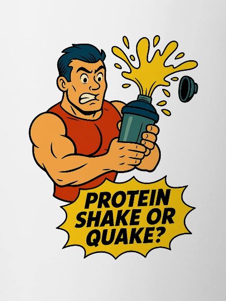 Lustiger Fitness-Cartoon – Proteinshake oder Quake