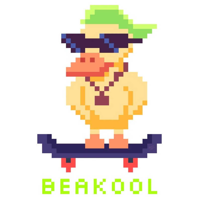 Pixel Art Ente mit Skateboard und Kappe