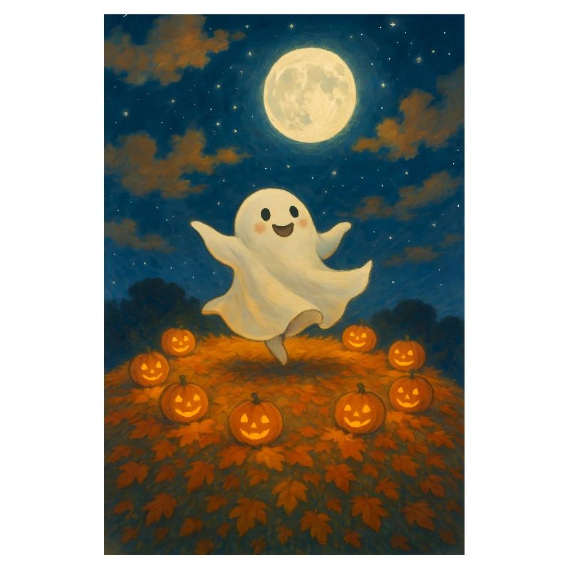 Moonlit Ghost Among Pumpkins