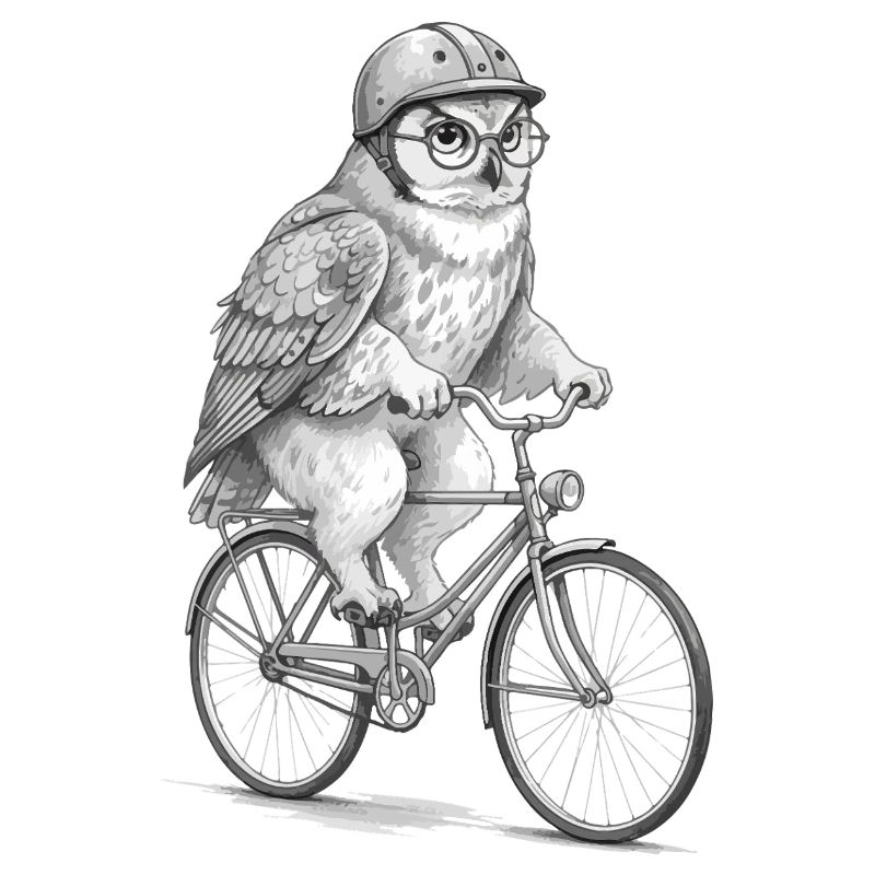 Eule auf einem grauen Fahrrad
