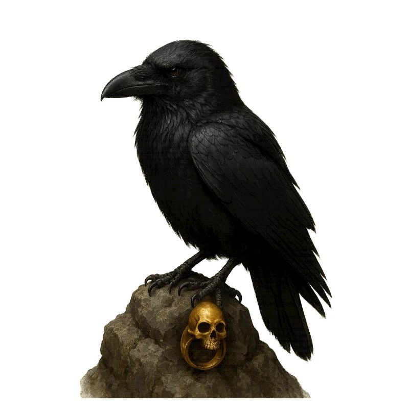 Corbeau sur roche et crâne doré