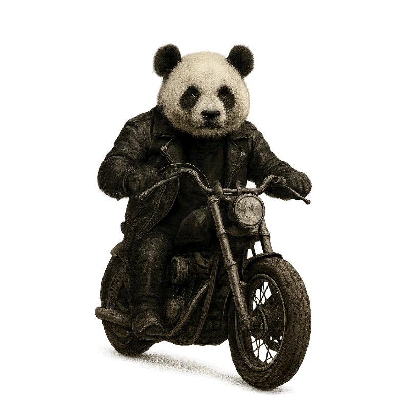 Leather Panda Biker on Motorcycle