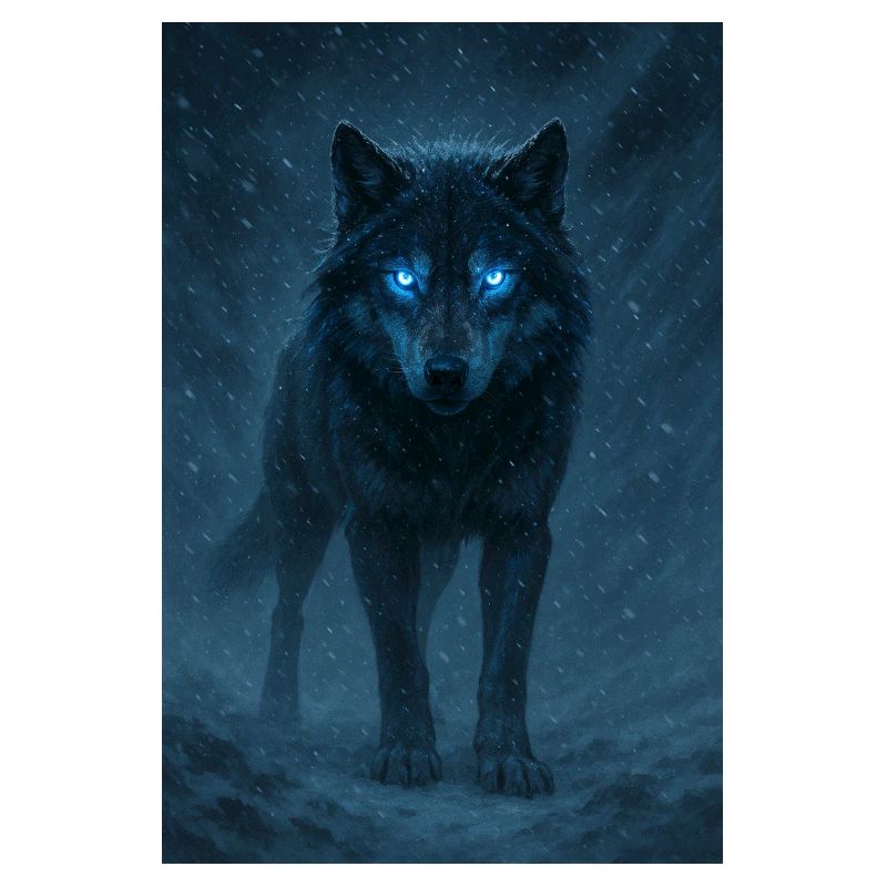 Blauäugiger Wolf in einem Schneesturm