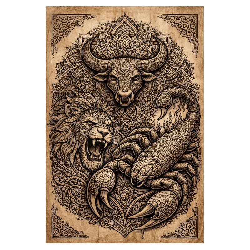 Tiermandala: Löwe Bison Schlange