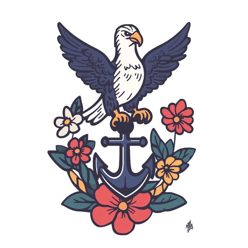 Ancre avec Albatros et Couronne de Fleurs