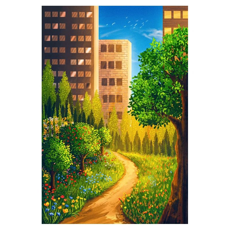 Green route between skyscrapers