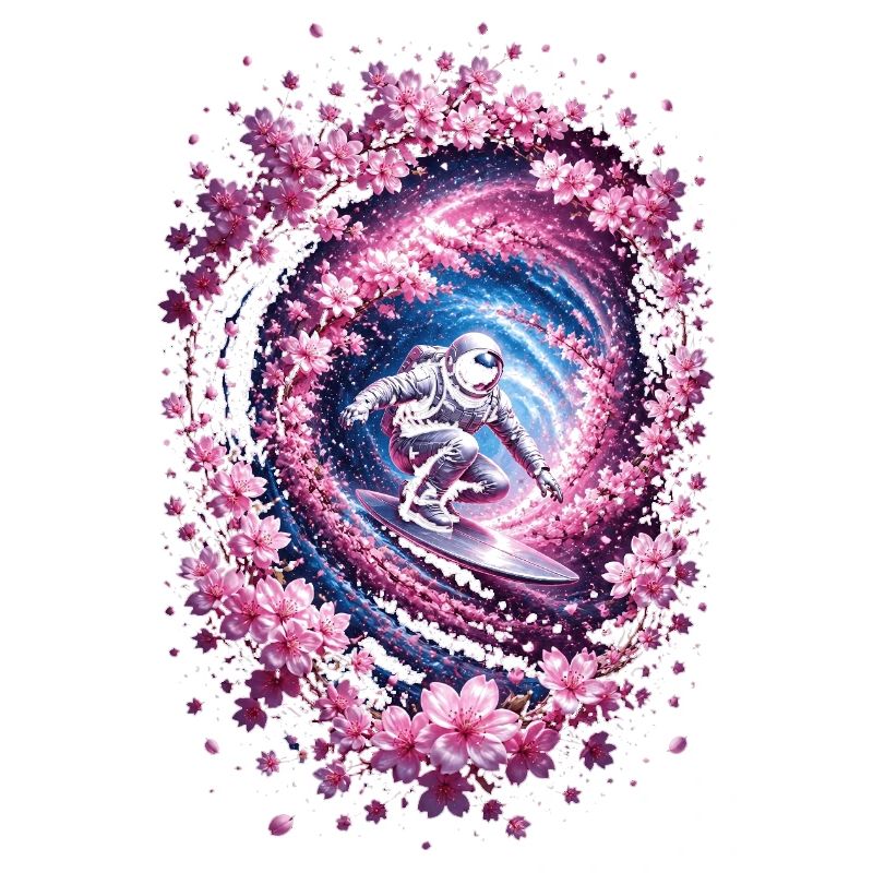 Astronaute surf dans un vortex, fleurs de cerisier