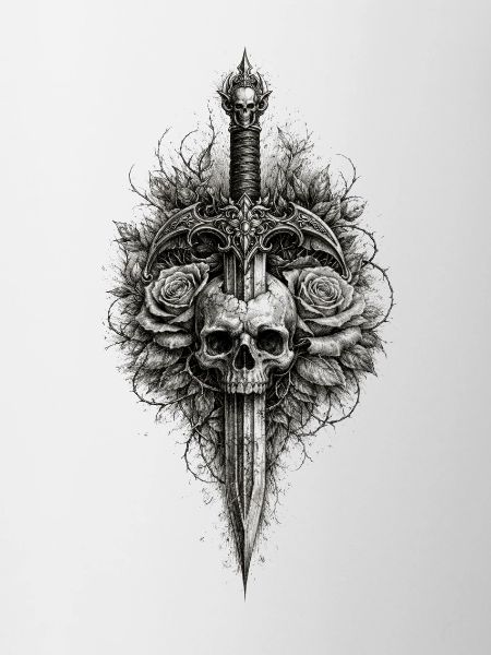 Skull Rose Dagger Gothic Graphic