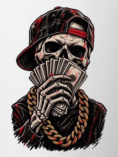 Schädel-Hustler mit roter Kappe