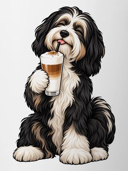 Tibet Terrier mit Latte Macchiato – Kaffeepause