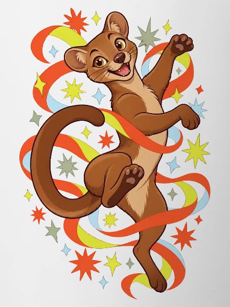 Fossa mit bunten Bändern und Farbfunken